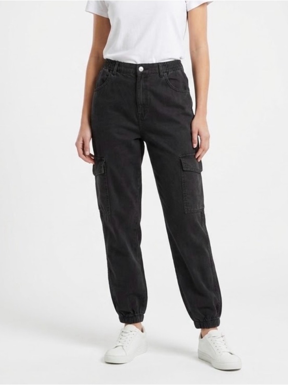 Bershka Women's Black Cargo Jogger Pants High Waist Utility Streetwear US Small
